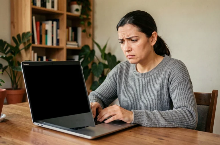 Femme frustrée devant un laptop Lenovo avec écran noir sur un bureau en bois à domicile