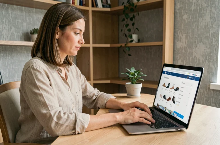 Femme consultant le plan du site d'une boutique de chaussures en ligne sur un ordinateur portable dans un bureau à domicile
