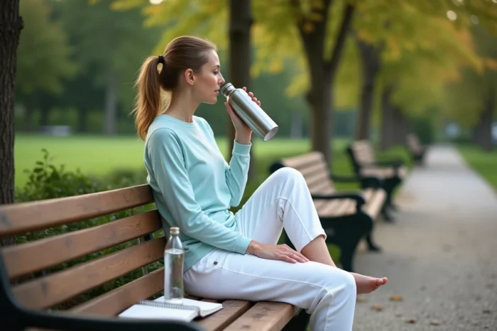 Femme au parc élevant ses jambes et buvant de l'eau pour favoriser le retour veineux et atténuer les varices au quotidien