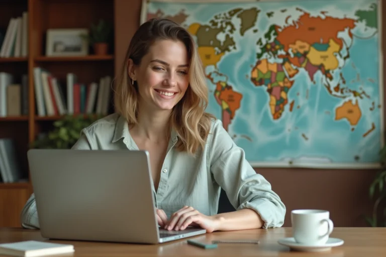 Femme planifiant un voyage sur un ordinateur portable entouré de cartes et de notes de voyage à son bureau