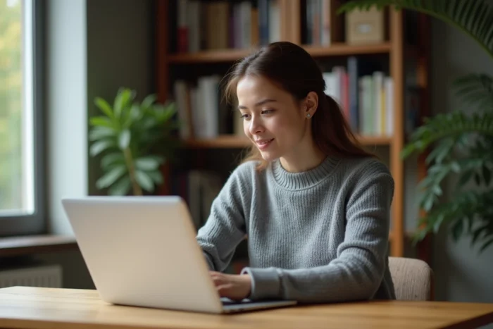 Jeune femme naviguant sur une plateforme de contenu légal en ligne depuis son bureau à domicile