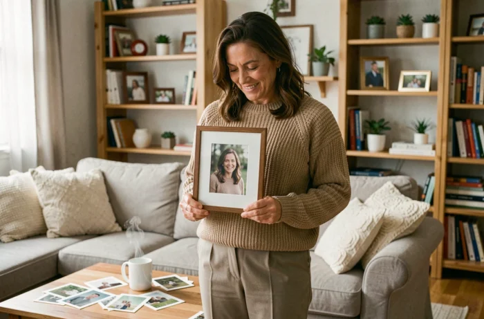 Femme tenant un portrait encadré dans un salon décoré de photos personnelles et d'objets du quotidien