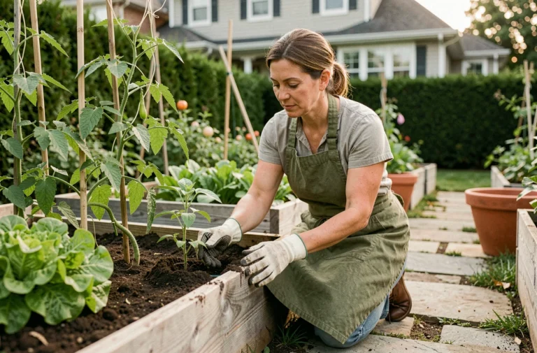 Femme jardinant dans un potager surélevé en bois avec tomates et laitues, sol fertile et plantes verdoyantes