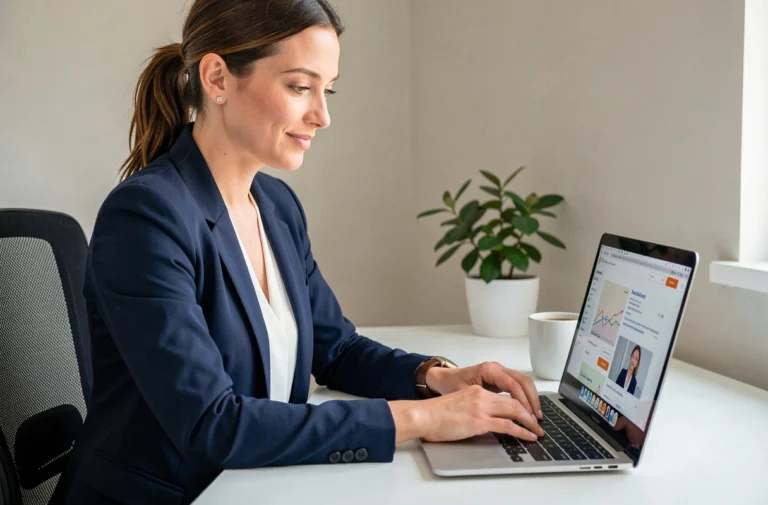 Femme professionnelle révisant son CV sur un ordinateur portable dans un bureau à domicile moderne pour trouver un emploi en ligne