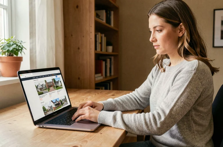 Femme cherchant une location immobilière en ligne sur un ordinateur portable dans un bureau à domicile