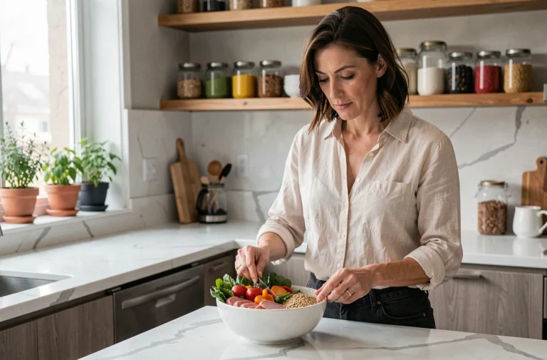Femme préparant un repas équilibré et coloré dans une cuisine moderne dans le cadre du régime Reborn 21