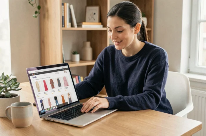 Femme consultant les soldes Johanna Paris sur son ordinateur portable depuis un bureau à domicile élégant