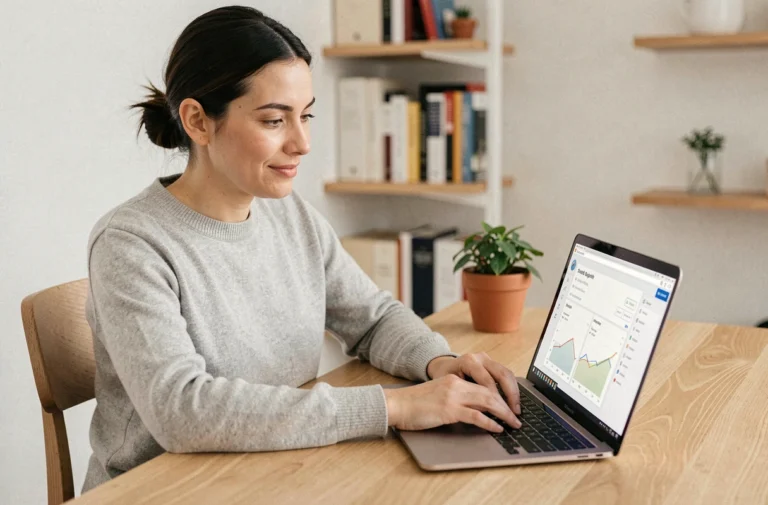 Femme travaillant sur une stratégie de référencement naturel devant un tableau de bord analytique sur ordinateur portable