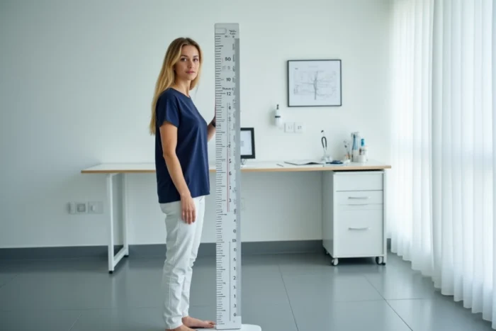 Femme française d'1m55 mesurée dans un cabinet médical moderne, illustrant la question de la taille moyenne en France