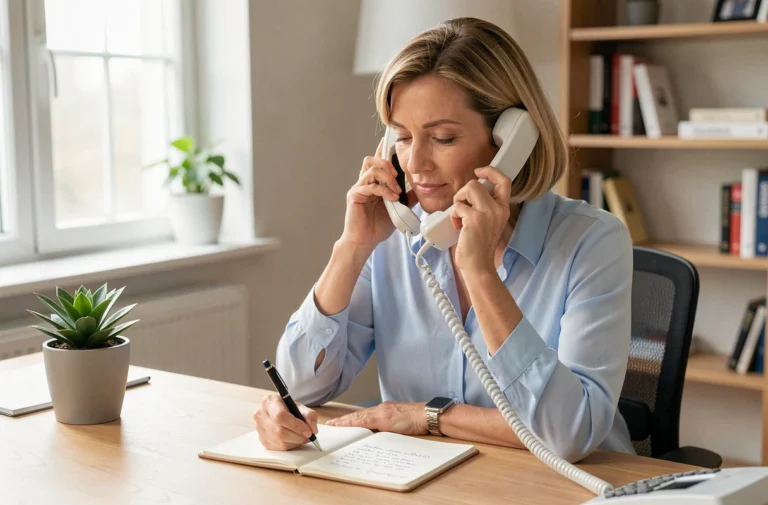 Femme au téléphone avec un conseiller ANTS depuis son bureau à domicile, prenant des notes sur un bloc-notes