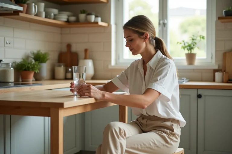 Femme tenant un verre d'eau minérale dans une cuisine en bois, illustrant l'hydratation quotidienne pour soulager les varices
