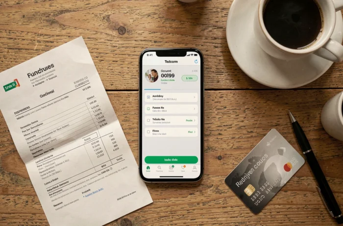 Vue aérienne d'un smartphone affichant l'application Free avec une facture impayée posée sur une table de cuisine