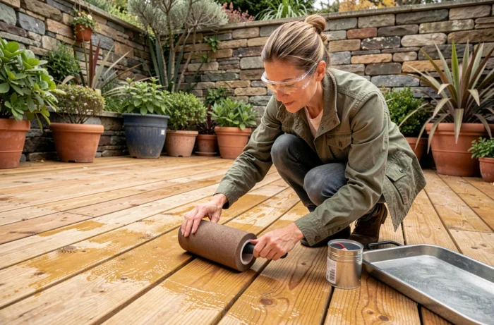 Femme appliquant un gel de protection bois sur une terrasse en pin avec un rouleau à mousse