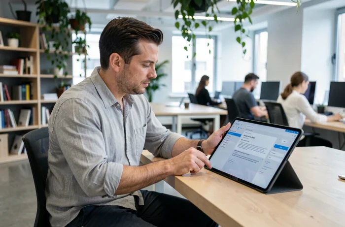 Homme consultant un contrat de location numérique sur tablette dans un espace de coworking moderne, représentant la digitalisation des services de gestion locative immobilière