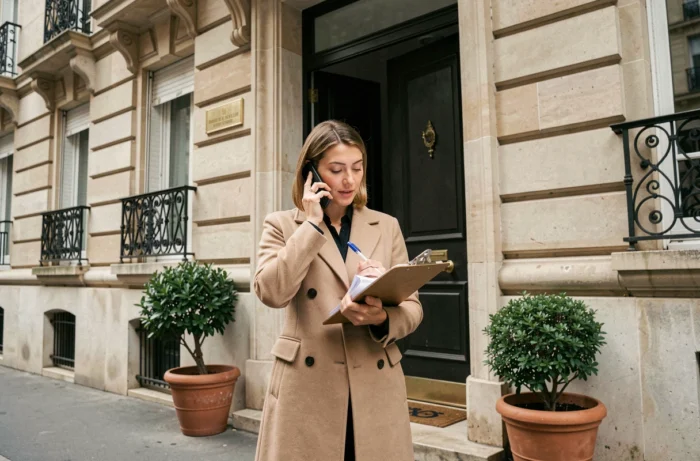 Gestionnaire immobilière professionnelle devant un immeuble haussmannien, prenant des notes et gérant la location de biens immobiliers avec des services innovants