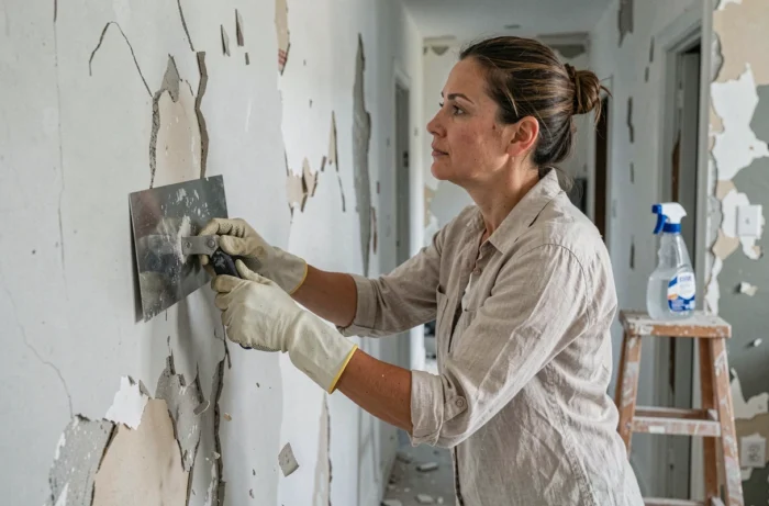 Femme utilisant une spatule métallique pour gratter de l'enduit ramolli sur un mur de couloir en rénovation