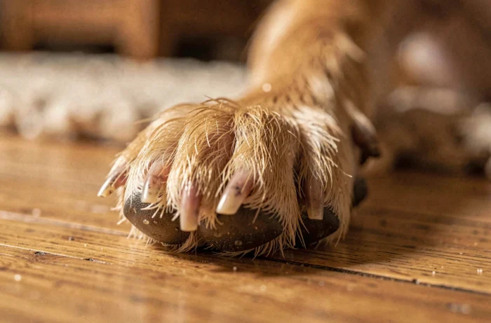 Gros plan sur l'ergot d'une patte de chien sur un parquet en bois, détail anatomique et fourrure humide