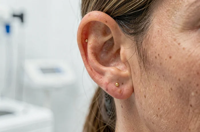 Gros plan sur une oreille avec une graine d'auriculothérapie posée sur un point d'acupression pour favoriser la perte de poids