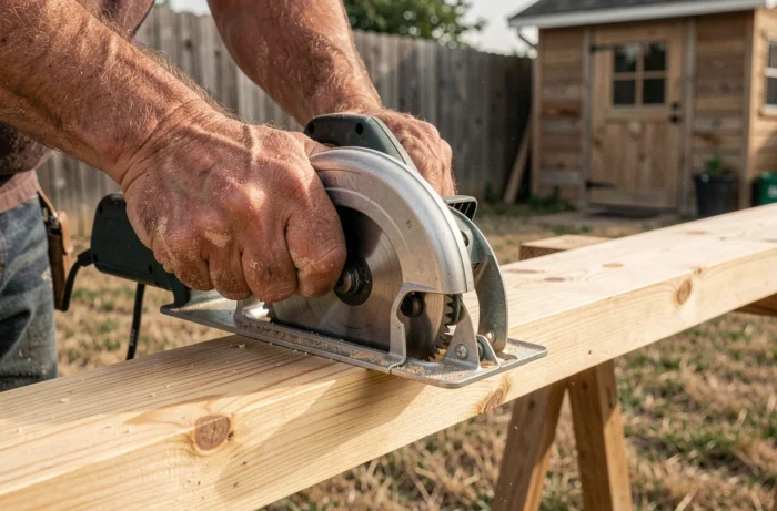 Gros plan sur des mains tenant une scie circulaire guidée par une règle de coupe fixée sur une planche de pin en extérieur