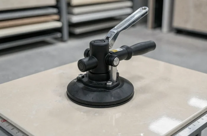 Close-up of a professional installation suction cup mounted on polished stoneware tiles, detail of the pump mechanism and the release lever