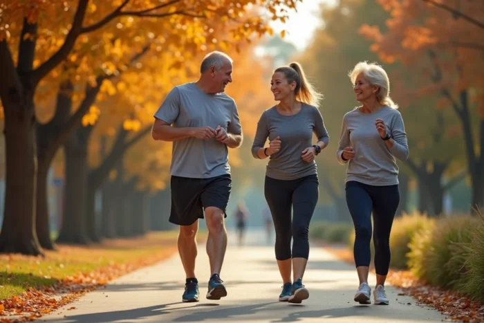 Groupe d'adultes marchant sur un sentier urbain en automne, loisir sportif accessible en plein air