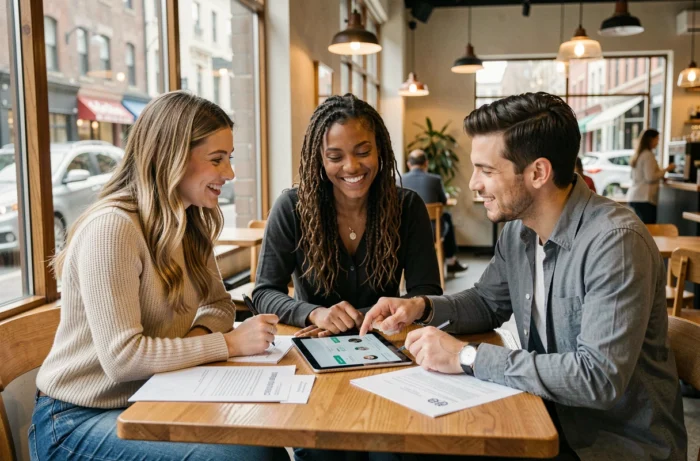 Groupe de jeunes professionnels collaborant autour d'une tablette pour partager des astuces de recherche d'emploi dans un café