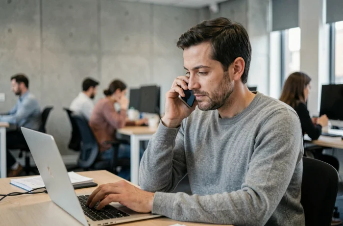 Homme contactant le service client ANTS par téléphone depuis un espace de coworking moderne