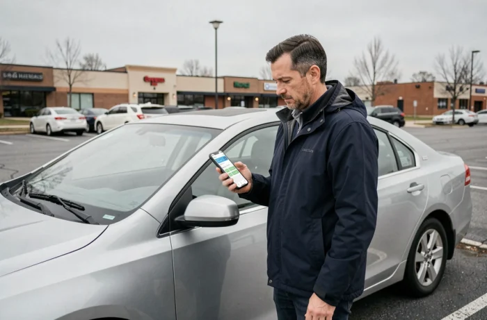 Homme consultant une application de comparaison d'assurance auto sur son téléphone devant sa voiture dans un parking