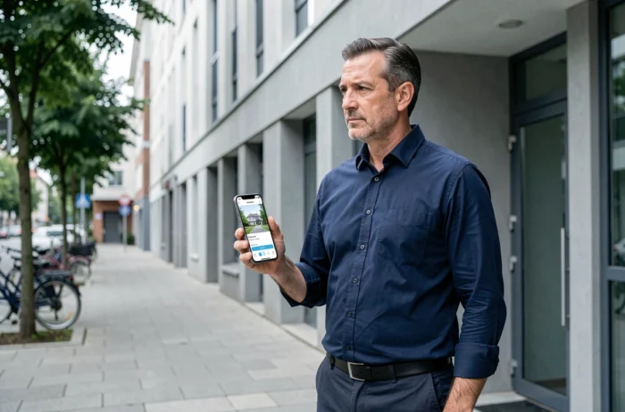 Homme utilisant une application de location immobilière sur smartphone devant un immeuble