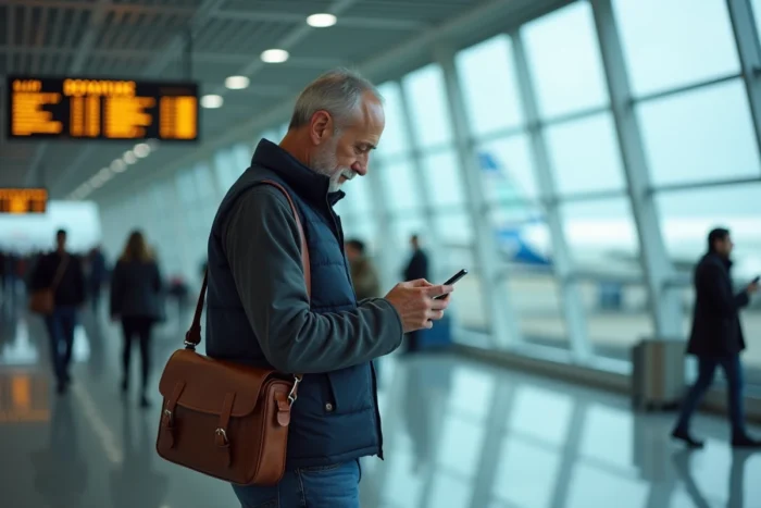 Homme consultant une application de voyage sur son smartphone dans un terminal d'aéroport