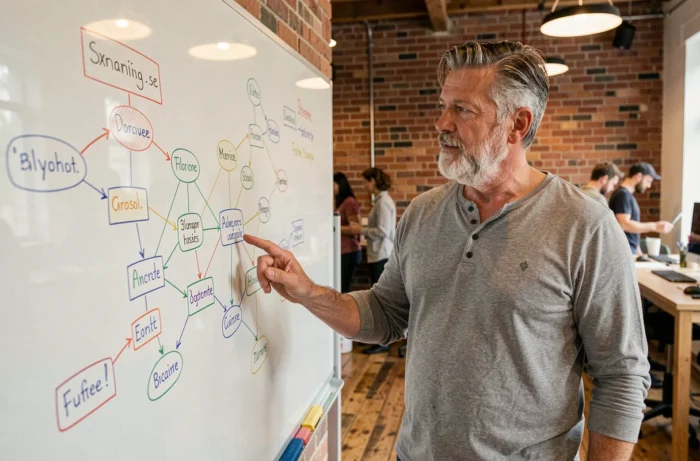 Homme debout devant un tableau blanc avec une architecture de site web dessinée à la main dans un espace de travail collaboratif