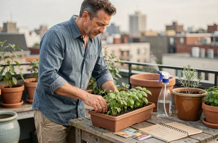 Homme examinant des plants d'herbes aromatiques sur un balcon urbain avec pots en terre cuite et carnet de jardinage