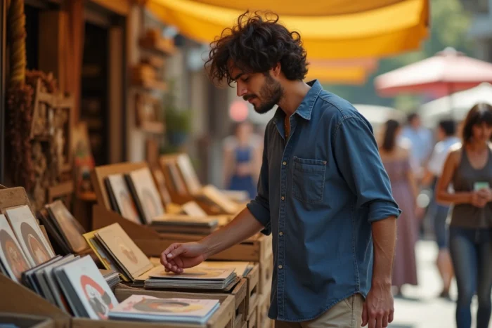 Homme bohème fouillant des vinyles vintage dans un marché aux puces coloré et animé