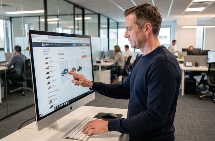 Homme parcourant la navigation du site Oh my shoe sur un grand écran dans un bureau moderne