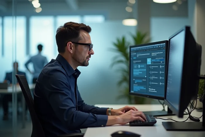 Homme professionnel comparant des alternatives légales à des sites de partage de fichiers sur un ordinateur de bureau en open space