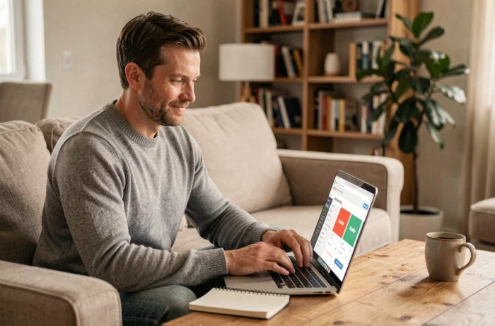 Man using a laptop at home to compare online different credit offers and financing solutions