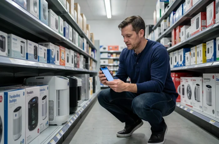 Homme comparant des purificateurs d'air dans un magasin de bricolage