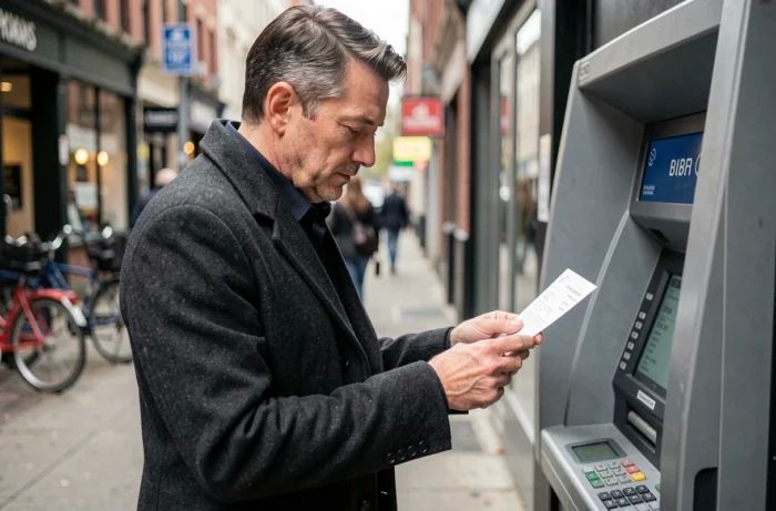 Man checking his bank withdrawal receipt in front of an ATM in an urban setting