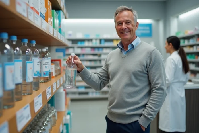 Homme choisissant une eau minérale en pharmacie pour améliorer la circulation veineuse et soulager les varices
