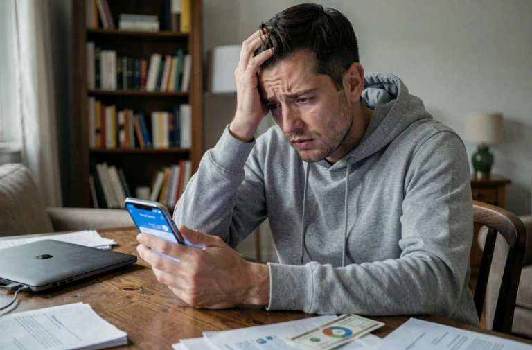 Homme inquiet regardant une notification de facture impayée sur son smartphone à son bureau à domicile