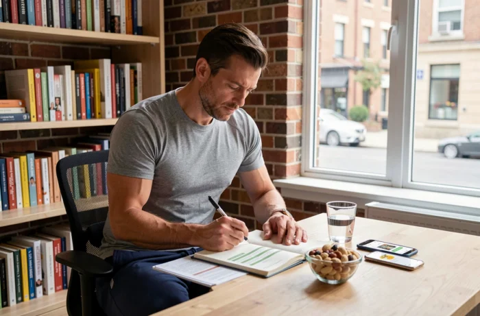 Homme consultant un plan alimentaire du régime Reborn 21 dans un bureau à domicile bien organisé