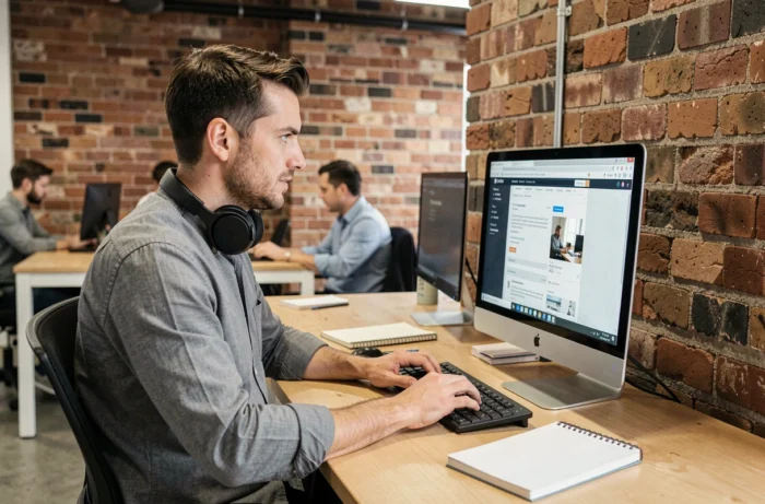 Jeune homme cherchant activement un emploi sur un ordinateur dans un espace de coworking moderne