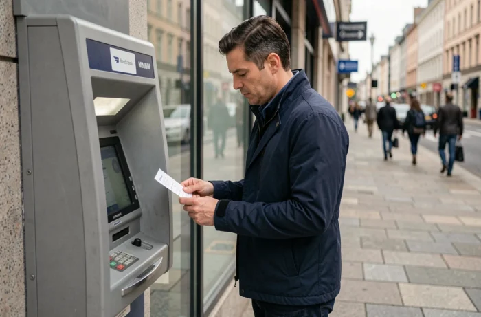 Homme consultant son reçu de distributeur automatique en ville pour gérer ses dépenses quotidiennes