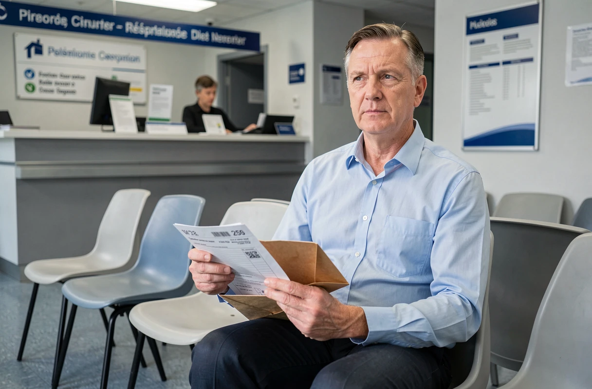 Homme en salle d'attente d'une agence CPAM tenant des documents administratifs pour son arrêt de travail