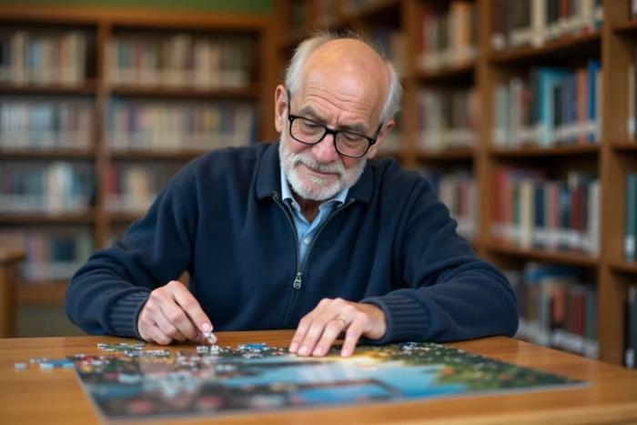 Homme senior assemblant un puzzle dans une bibliothèque communautaire, activité de loisir stimulante pour seniors