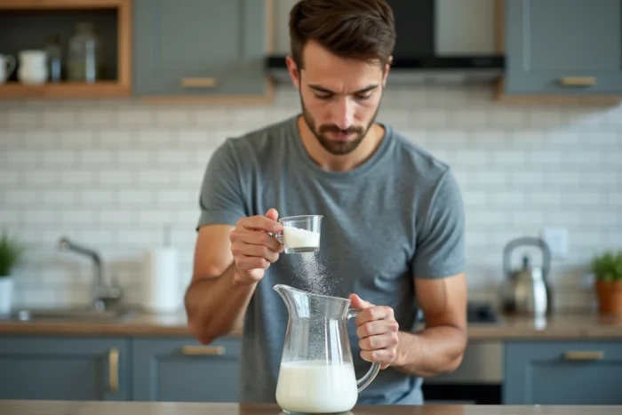 Jeune homme versant du sel dans un litre d'eau dans une cuisine moderne pour préparer une solution saline parfaite