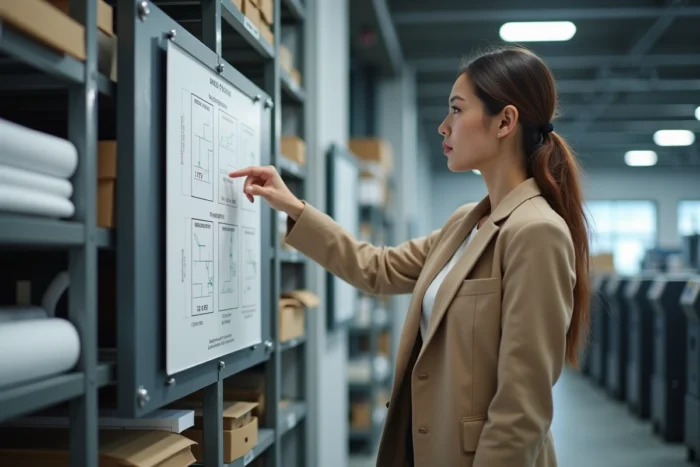 Cliente dans une imprimerie examinant un tableau comparatif des dimensions d'affiches
