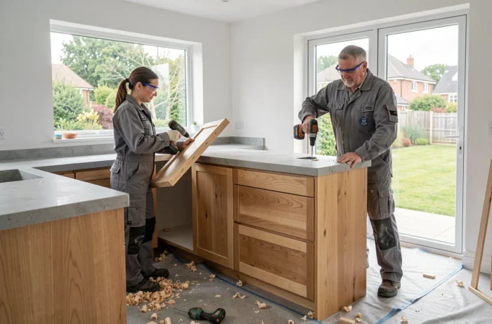 Deux menuisiers professionnels installant des placards en bois sur mesure dans une cuisine moderne
