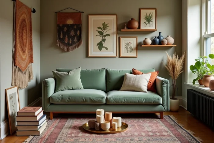 Intérieur bohème chaleureux avec canapé en velours, kilims superposés, bibliothèque et objets artisanaux
