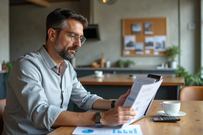 Homme d'affaires comparant des graphiques financiers et un rapport de marché immobilier dans un appartement rénové